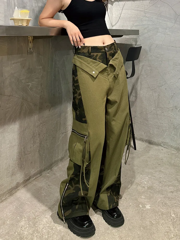 TWOTWINSTYLE Colorblock Casual Cargo Pants For Women High Waist Patchwork Pockets Loose Wide Leg Pant Female Fashion Style New