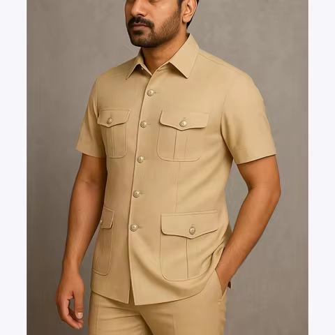 Solid Color Men Suits Safari Style Stand Collar Single Breasted Slim Fit Outfits Smart Casual Office Work Social Daily Set