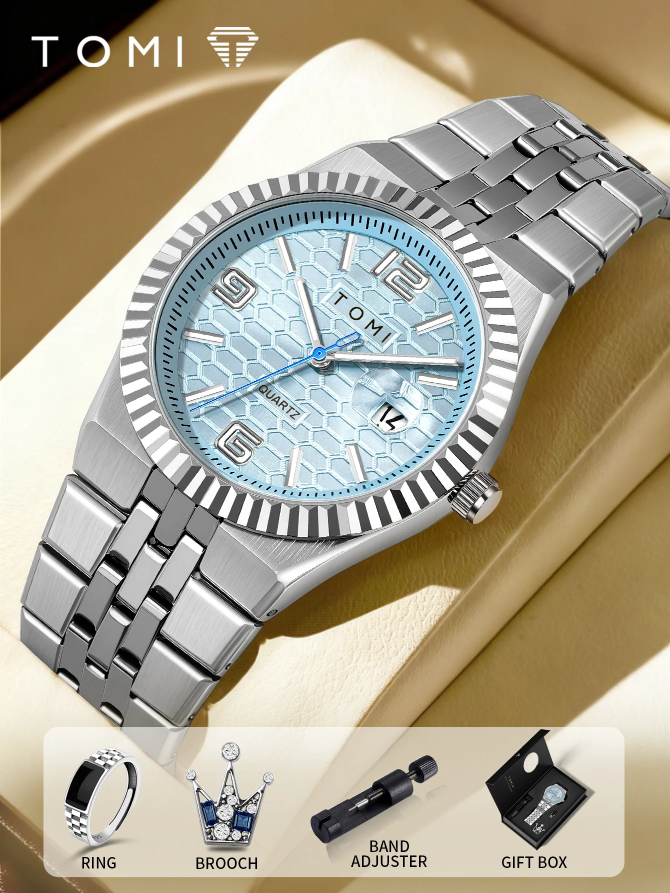 TOMI Luxury Men's Watch Steel Band Calendar Multi-function Quartz Watch Ring Cufflink Gift Box Set Christmas Gift Creative