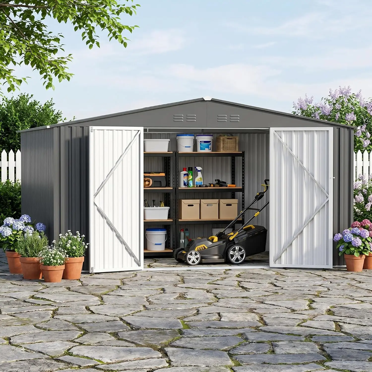 Outdoor Storage Shed, Heavy Duty Metal Shed with Lockable Double Door, Sloped Roof & Vents for Garden Backyard Lawn, Dark Gray