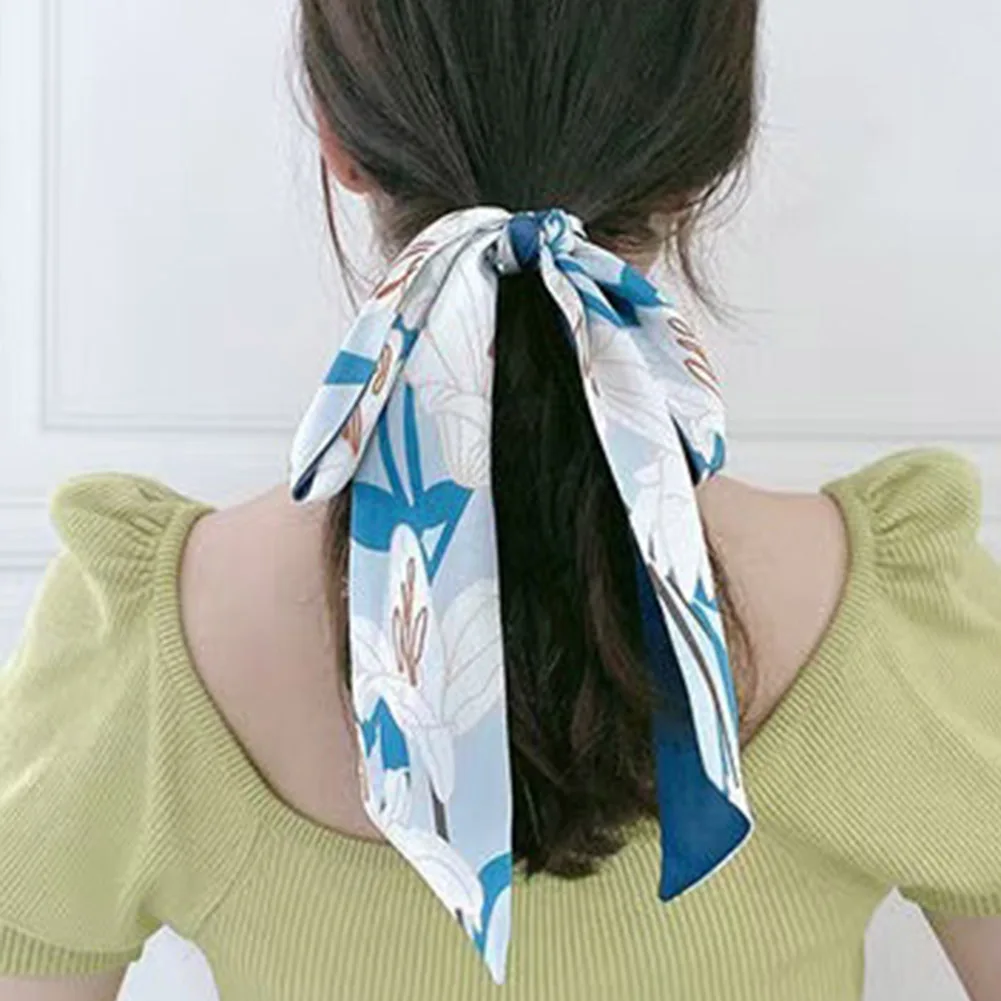 Fashion Hair Ribbon Summer Print Fruit Silk Scarf Long Bow Korean Ponytail Holder Women Girls Head Hair Accessories