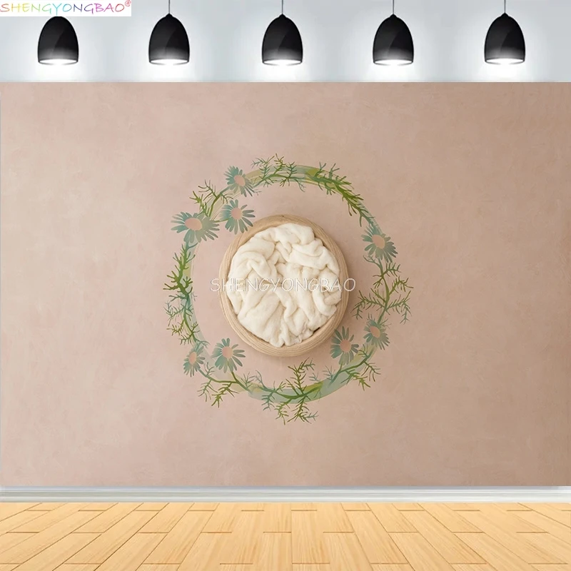 Newborn Backdrop For Photography Wooden Basket With Soft Stuffing Floral Wreath Background Photo Studios YM-02