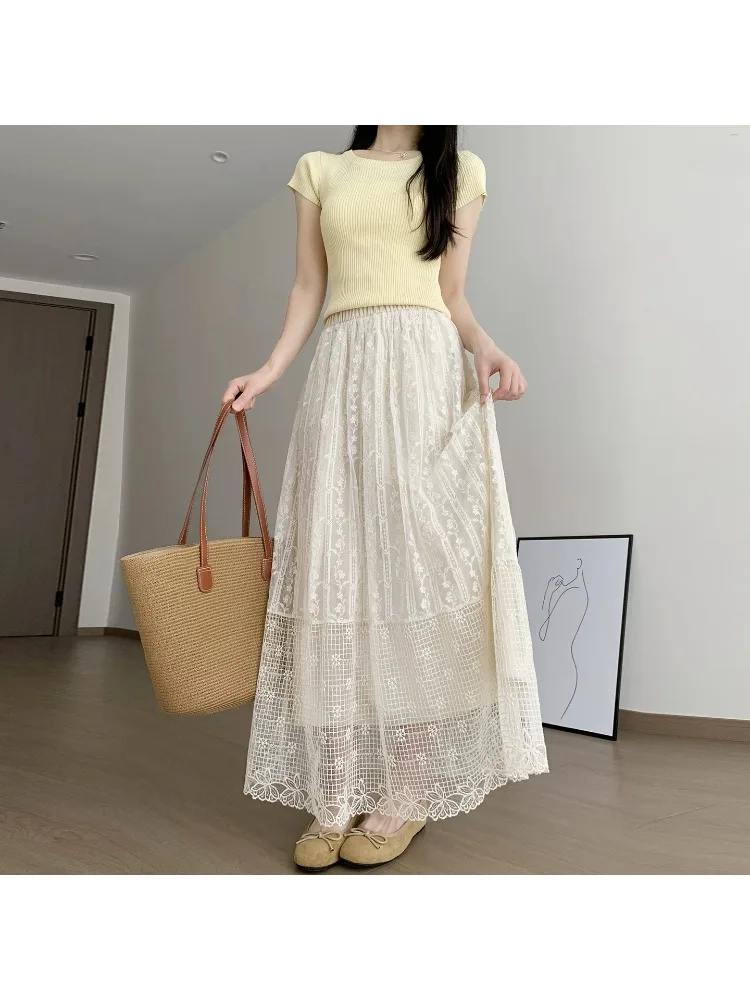 Falda larga de encaje blanco de talla grande para mujer, cintura alta, corte A, estilo paraguas, adelgazante, elegante, con aberturas, media pierna, para verano