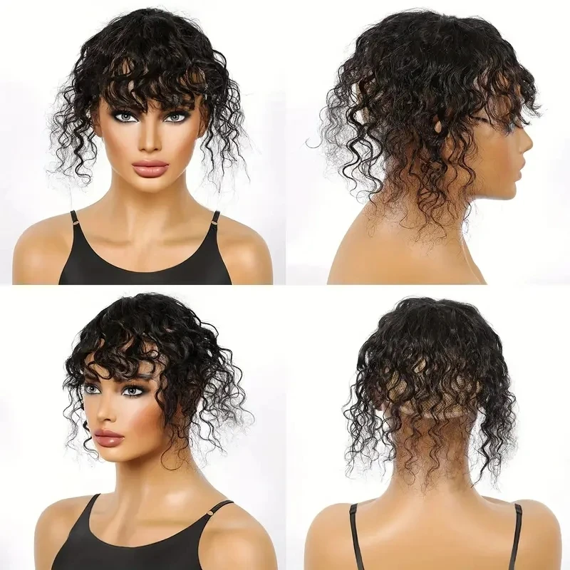 Kinky Curly Natural Black Topper Hair With Bangs Human Hair For Women with Thin Hair Invisible T Part Clip In Hair Extensions