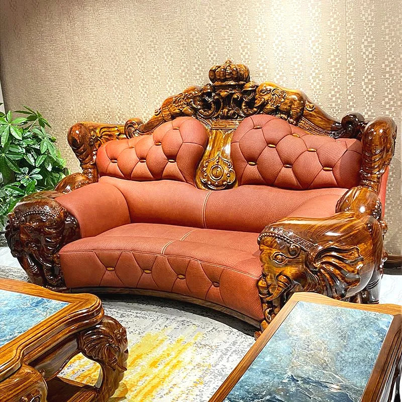 -About Style Modern Chinese High-End Solid Wood Sofa Black Gold Cowhide Leather Top Layer Living Room Furniture for Villas*