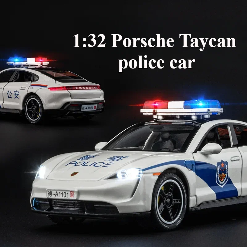 

1:32 Porsche Taycan police car Simulation Diecast Metal Alloy Model car Sound Light Pull Back Collection Kids Toy Gifts