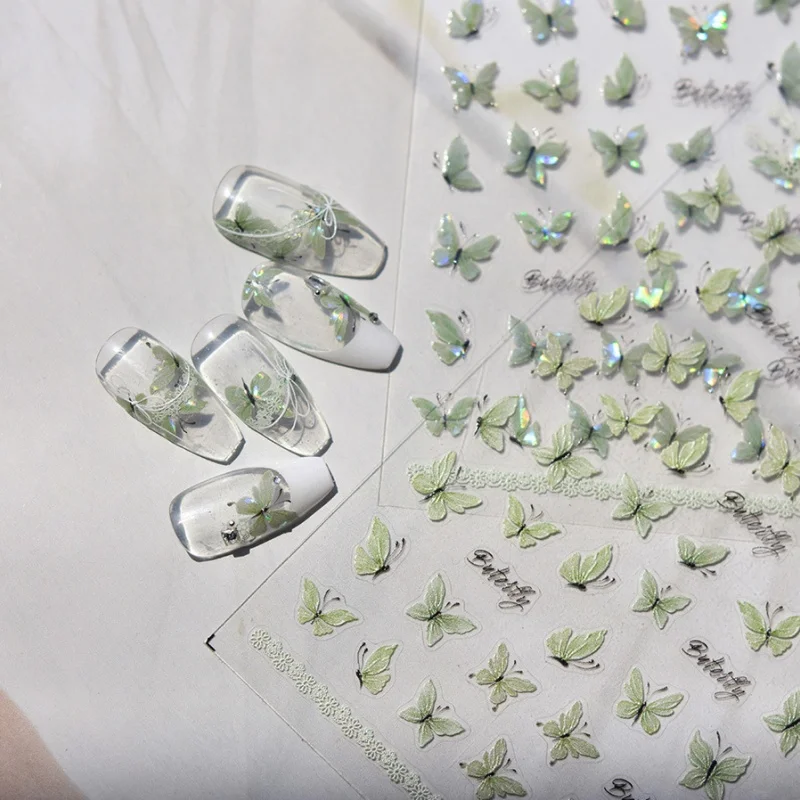 1pcs Shiny Shell Light Green Butterfly Nail Art Stickers Kawaii Acrylic Butterfly Self Adhesive Slider For Nails DIY Accessories