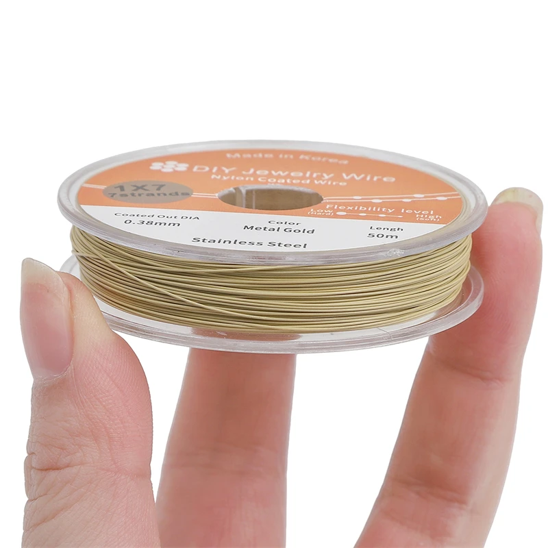50 metros/rolo 0.3/0.38mm branco ródio ouro revestido fio de aço náilon revestido miçangas fio para diy jóias fazendo pulseiras