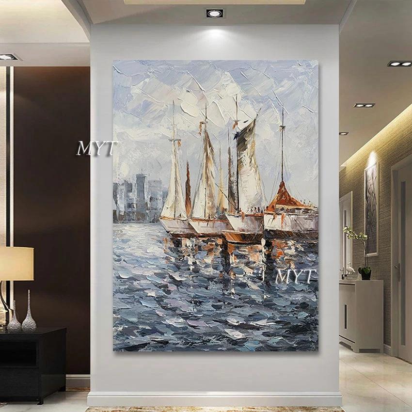 Large Sailboat Canvas Oil Paintings, Modern Abstract Handmade Artwork, Wall Picture For Bedroom, Import Home Decor, No Frame