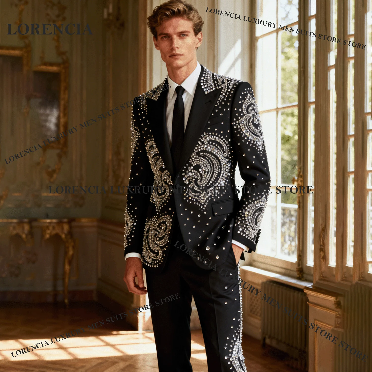 

Блестящие костюмы по индивидуальному заказу, элитные мужские костюмы со стразами и бисером, комплекты из 2 предметов для жениха, смокинги с бриллиантами, мужской пиджак для выпускного вечера, Ropa Hombre