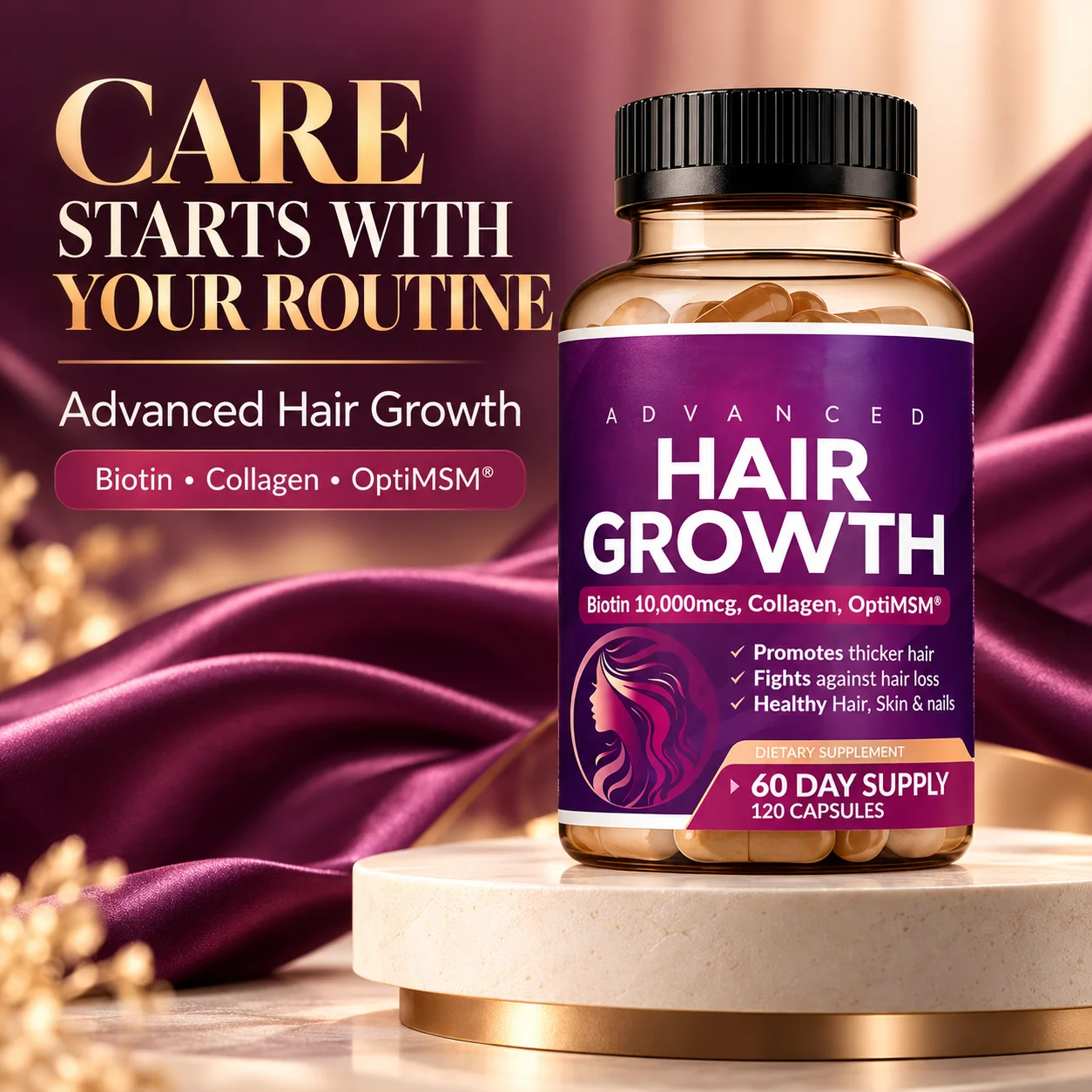 Hair Growth Supplement Biotin 10000mcg Collagen MSM Hair Skin Nail Support Vitamins 120 Capsules 60 Day Supply Daily Beauty Care