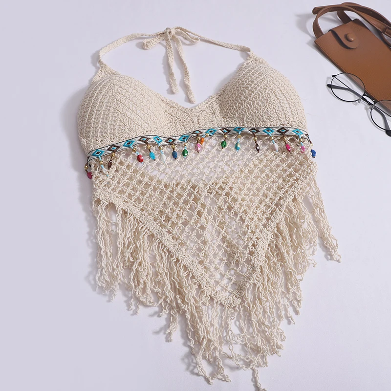 Holiday Beach Style Suit Women's V-neck Fringe Camisole + High Waist Shorts Hollowed Out Crocheted Three-piece Set for Lady