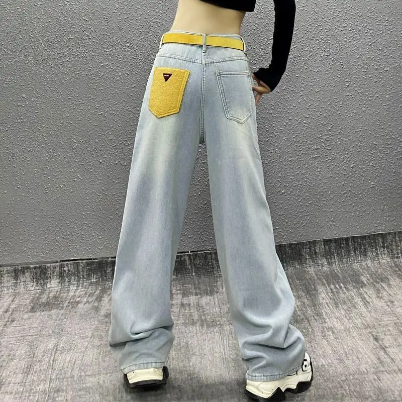 Spliced   pockets Washed Simple Light-colored Jeans High-waisted Loose Versatile Straight-leg Wide-leg Trousers