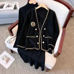 Women Vintage Winter Suit Fake Fur Jacket Coat Top And Sweater Dress Two Piece Set Matching Outfits Fragrant French Clothes 2023