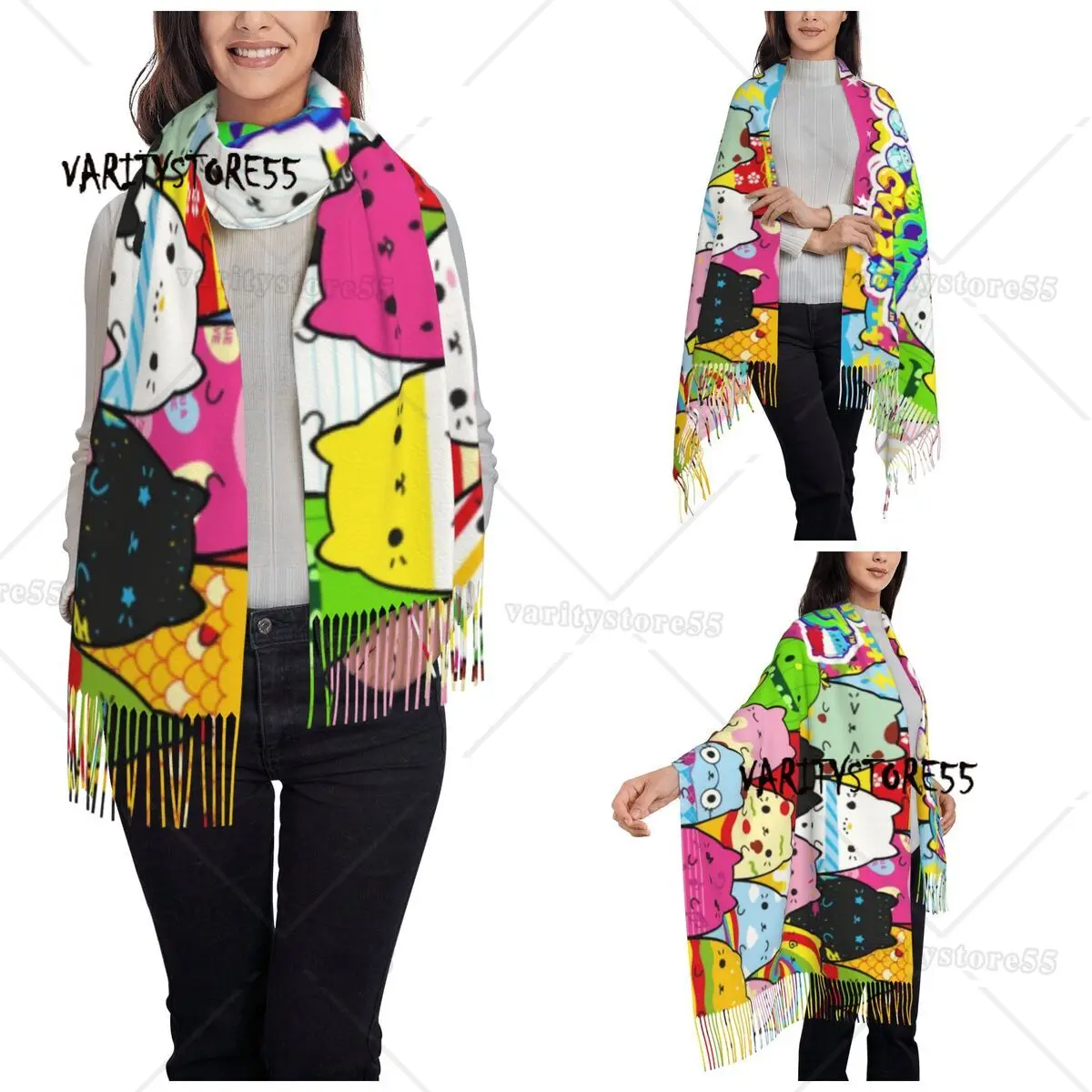 Women's Scarf with Tassel Cute Cartoon Cats Vs Pickles Long Winter Warm Shawl Wrap Anime Daily Wear Cashmere Scarf