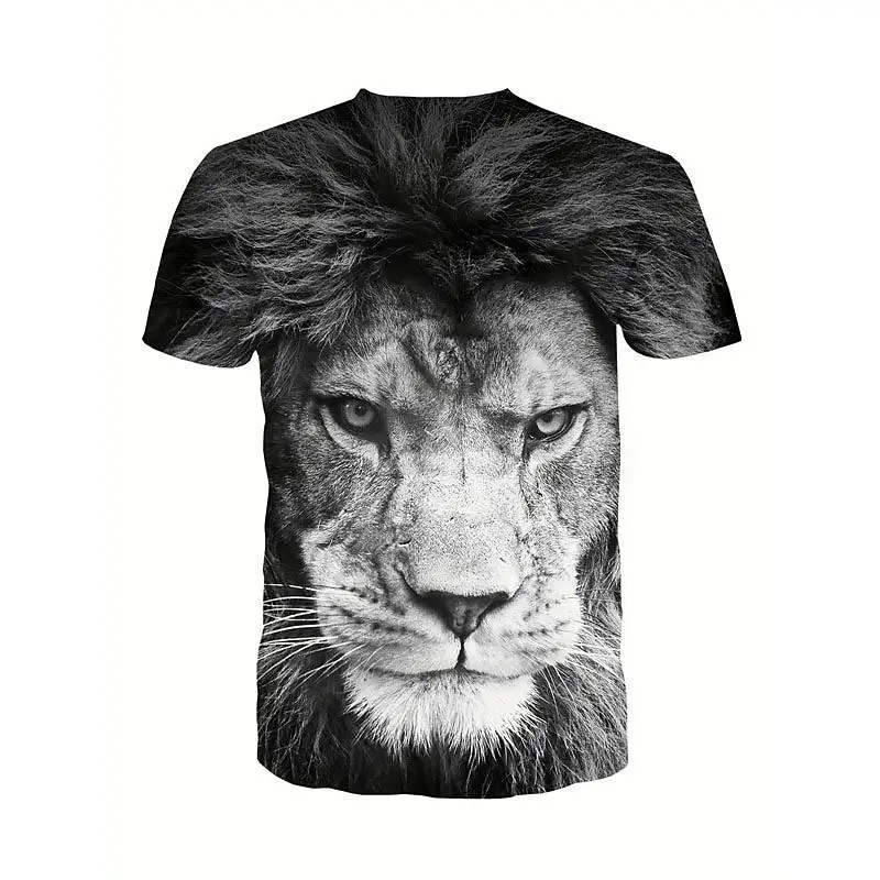 Men's Black White 3D Lion Face Print T-Shirt Realistic Wild Mane Animal Graphic Crew Neck Short Sleeve Tee