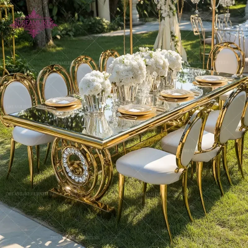 Gold Dining Table 10 Seater Wedding Rental Furniture Hotel Banquet Table Modern Design Wholesale