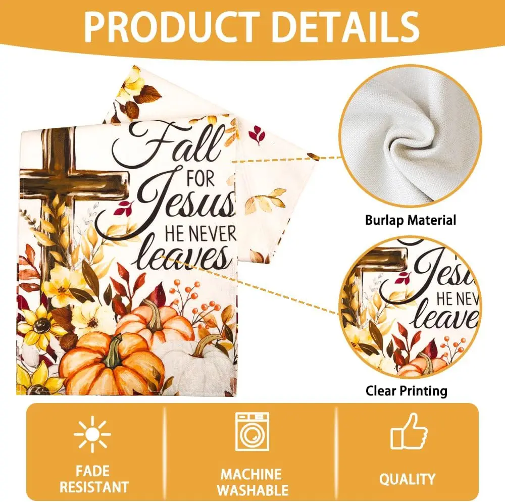 Fall Pumpkin Cross Table Runner, Floral Jesus He Never Leaves Farmhouse Kitchen Dining Indoor Holiday Home Decor