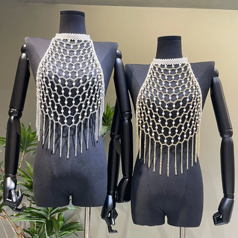 Festival Damen Neckholder-Top mit Perlenkette, Hohlnetz-Quasten-Körperschmuck, Silber Gold Rave-Outfits, Strandparty-Kleidung, Crop Tops – Detail 3