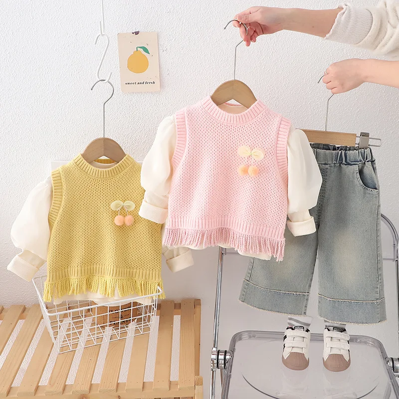 3PCS Spring Fall Kids Girls Clothes Korean Fashion Cute Cherry Baby Tops+Knit Vest+Loose Jeans Toddler Boutique Clothing BC2269