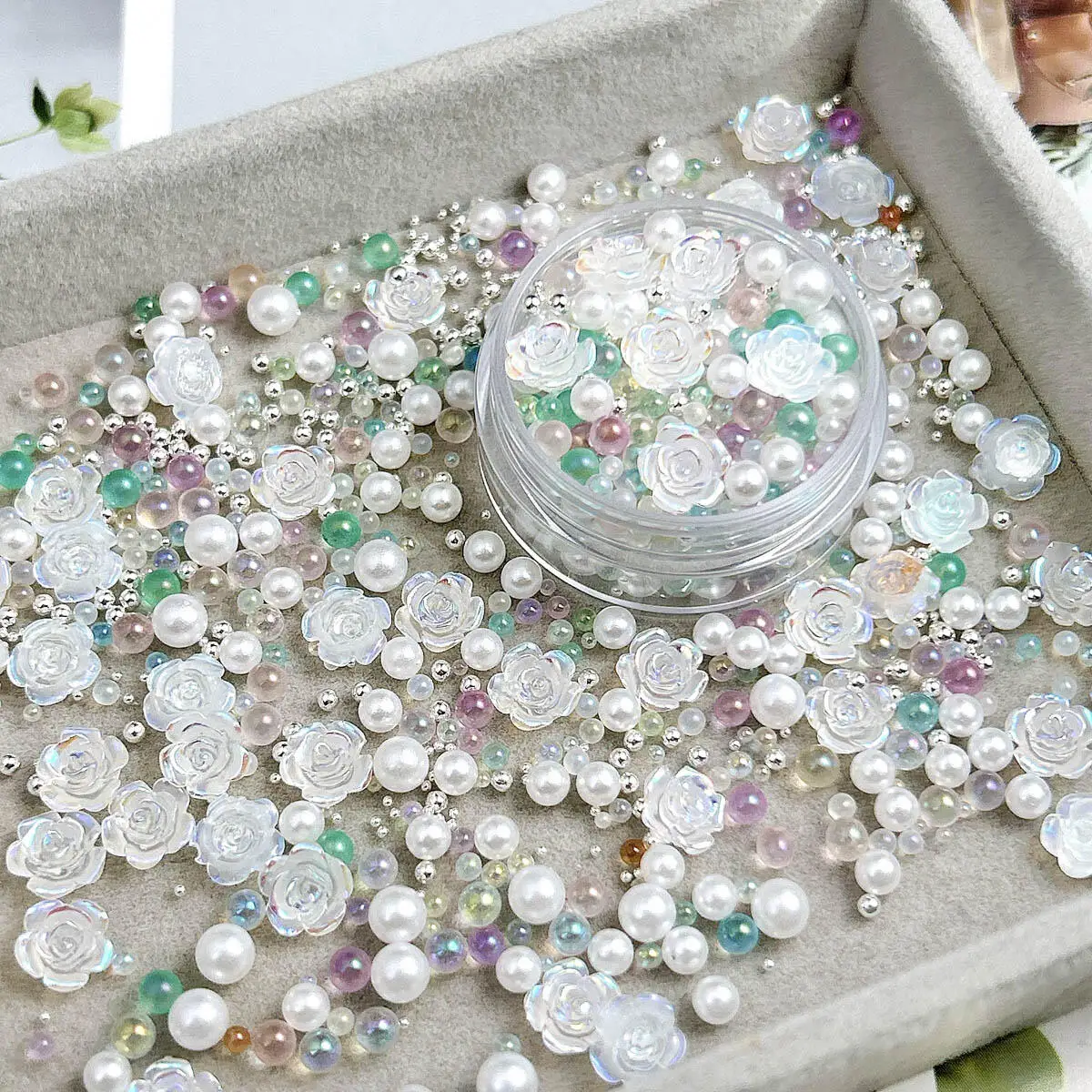

1 Box Colorful Mini Round Beads Pearls Mixed Nail Charms Resin White Flower Nail Art Decorations Manicure DIY Accessories