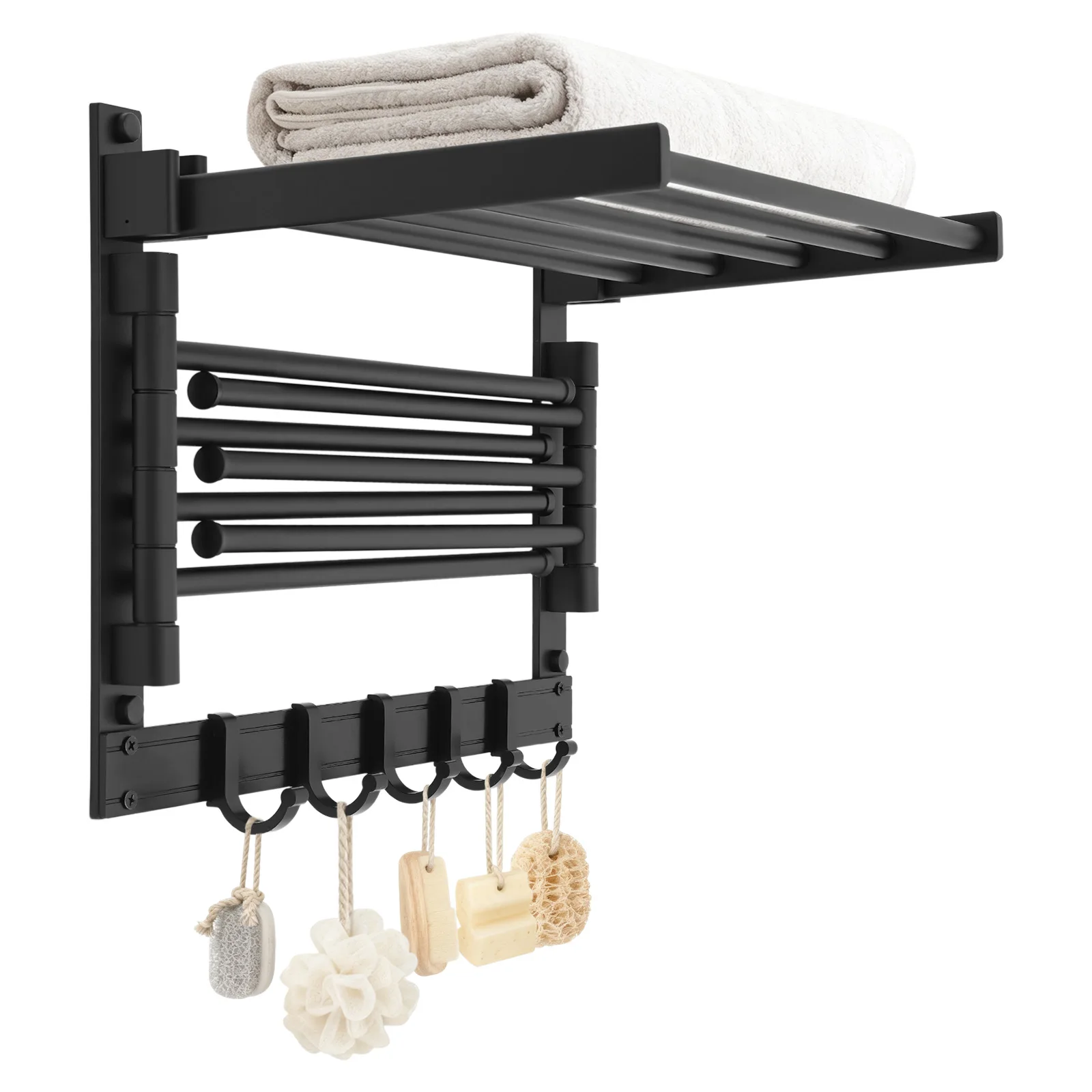 Wall Mounted 7-bar Towel Rack Black Space Aluminum Spray Coating Waterproof Rust Resistant Max 44.09lbs Load Screw Mount Space Aluminum Bathroom Towel Shelf Foldable Bath Towel Holder For Master Bathroom Guest Bath