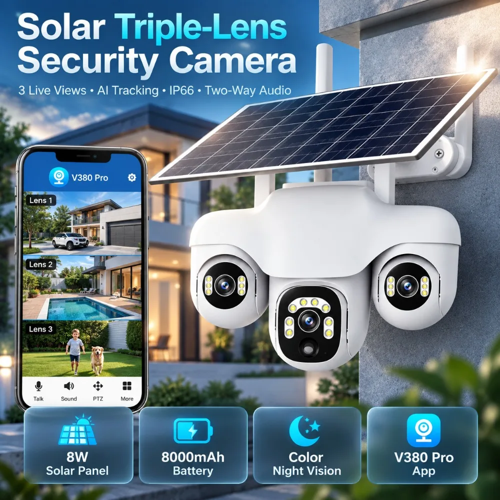 15MP WIFI Solar Camera Wireless Security Outdoor CCTV 3 Lens 3 Screen Auto Tracking Night Vision PTZ Surveillance Cameras V380