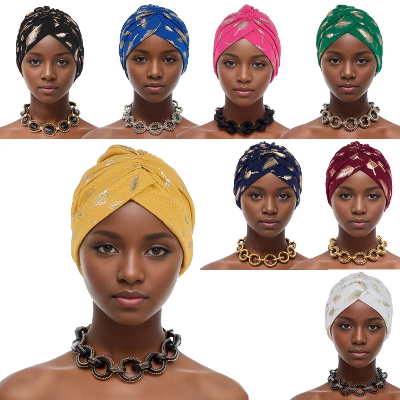 Feather Gold Stamping Fabric Turban Cap for Women African Wrap Head Bonnet Muslim Under Scarf Hat Turbante Mujer