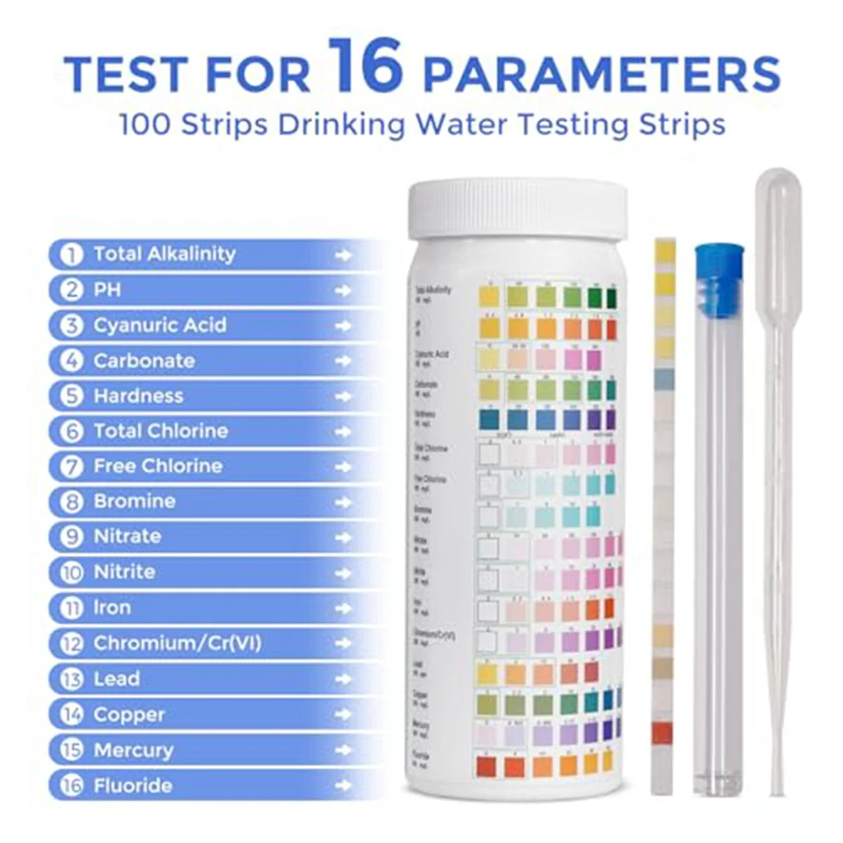 Strisce reattive per acqua 16 in 1, Kit per il Test dell'acqua potabile, Kit per il Test della qualità dell'acqua domestica da 100 strisce