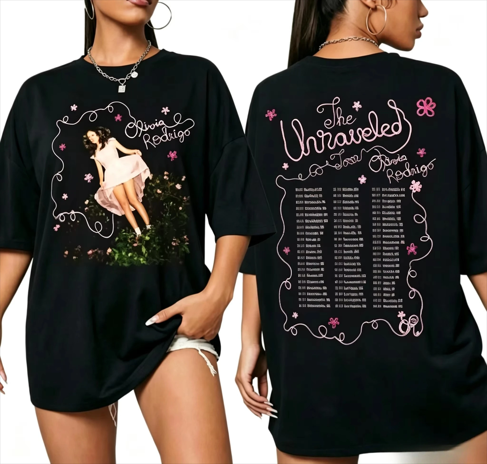 2026 New Summer Women White Loose T‑Shirt, Double‑Sided Floral Border & Portrait Text Print Oversized Short Sleeve Tee