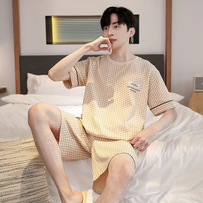 Summer Men's Pajamas Set Cotton Short Sleeved Sleepwear Male Pajama Set Homewear Men Sleepwear Suit