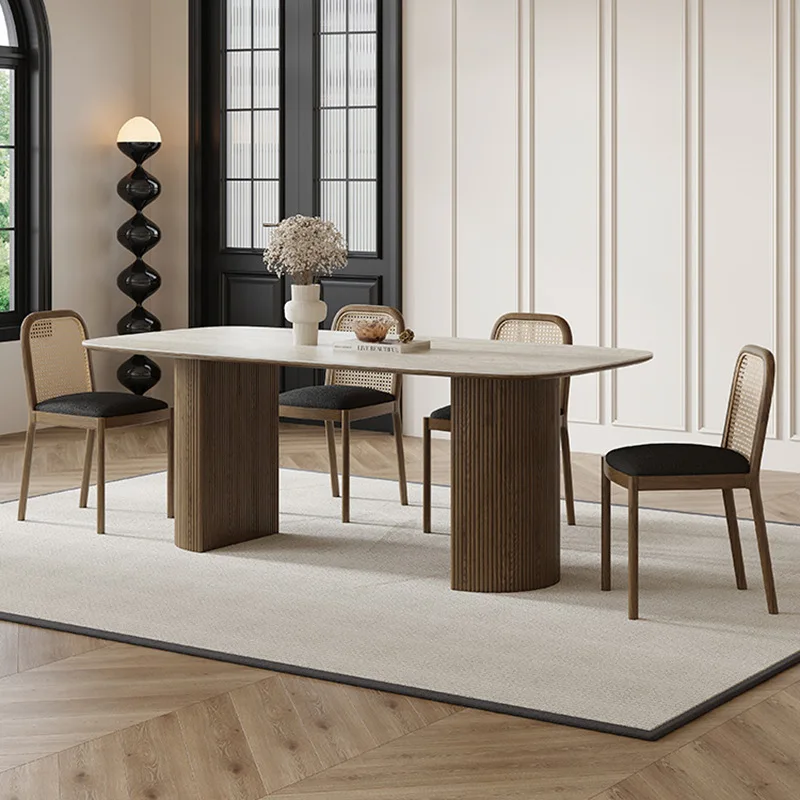 French retro style solid wood dining table and chair combination travertine rock slab dining table household small apartment res