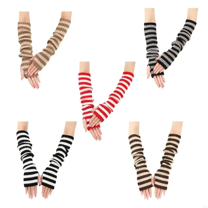 

77HE Autumn Winter Striped Gloves 2000s Harajuku Long Sleeve Arm Warmer
