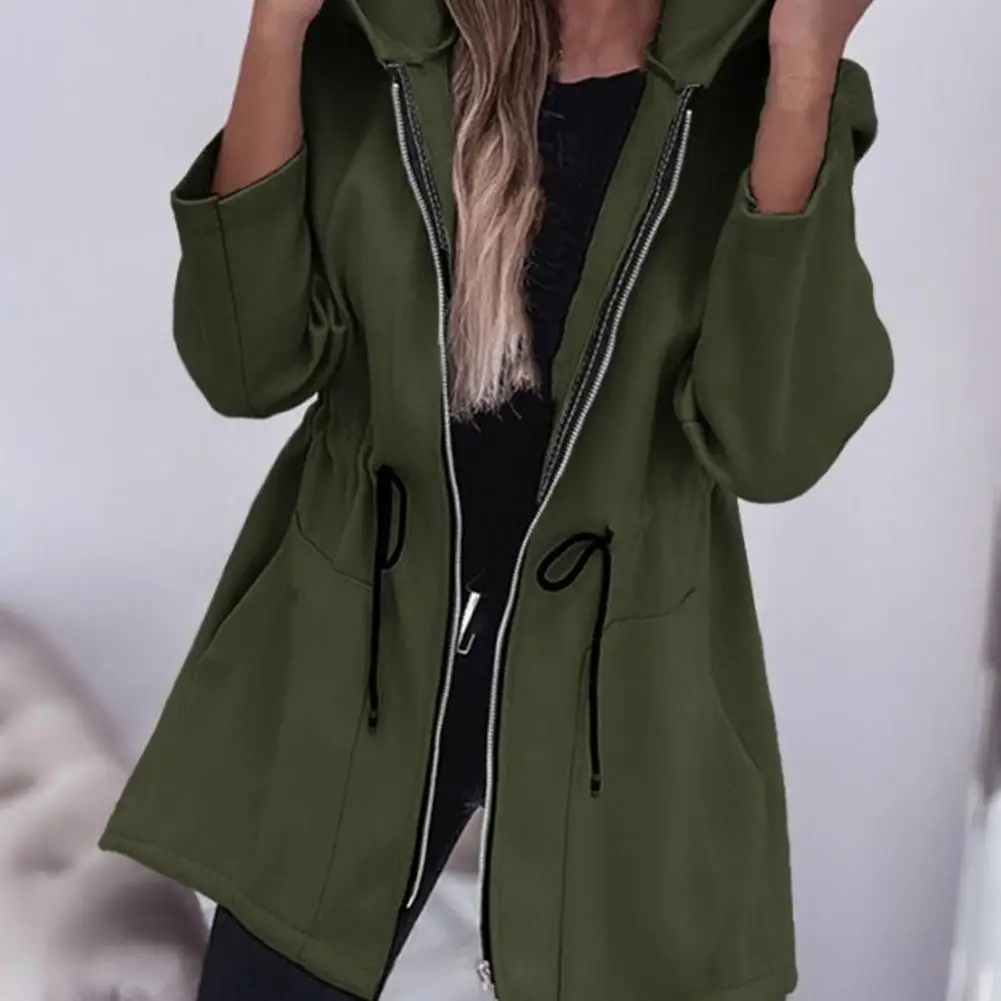 

Women Jacket Windbreaker Style Hooded Drawstring Waist Large Pockets Solid Color Zipper Closure Long-Sleeved Fall Winter Coat