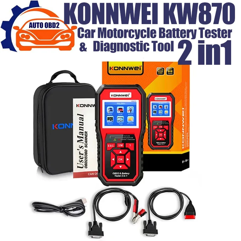 KONNWEI KW870 6V 12V Car Motorcycle Battery Tester OBD2 Diagnostics Tool Scanner 2 in1 Cranking Charging Test Tools