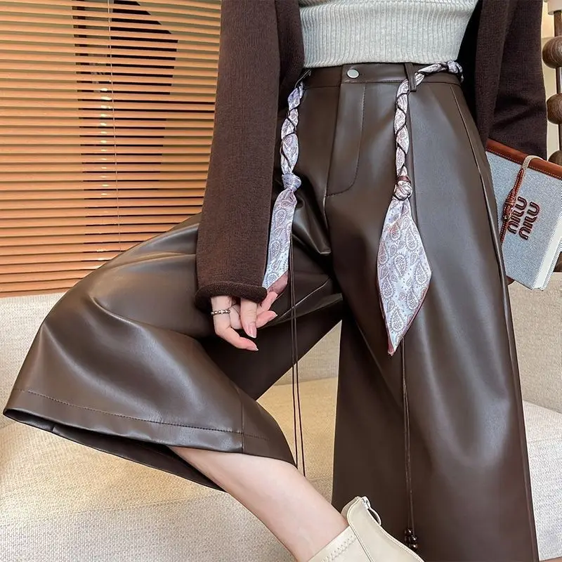 Coffee PU leather eight-point pants women's autumn 2025 new Maillard loose high-waisted and thin versatile straight casual pants