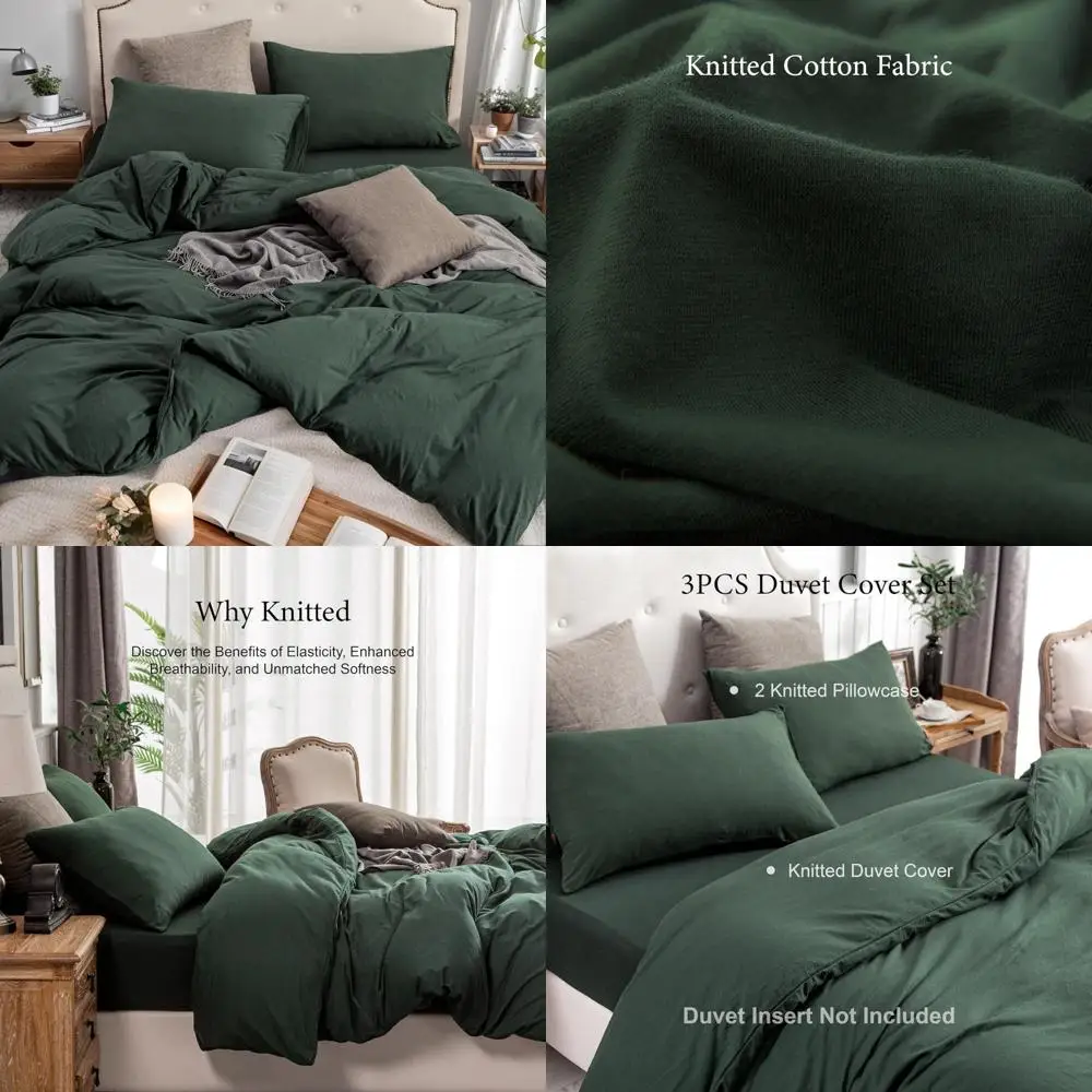 

100% Cotton Jersey Knit Duvet Cover Set, Super Soft and Comfortable, 3-Piece Bedding with Zipper Closure, Solid Forest Green, Pe