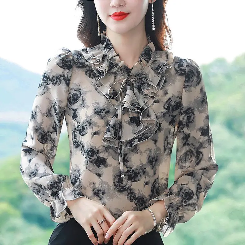 Women\'s Korean Fashion Silk Ruffles Bow Floral Printed Blouse Vintage Elegant Lace Up Shirt Female Casual Long Sleeve Loose Tops