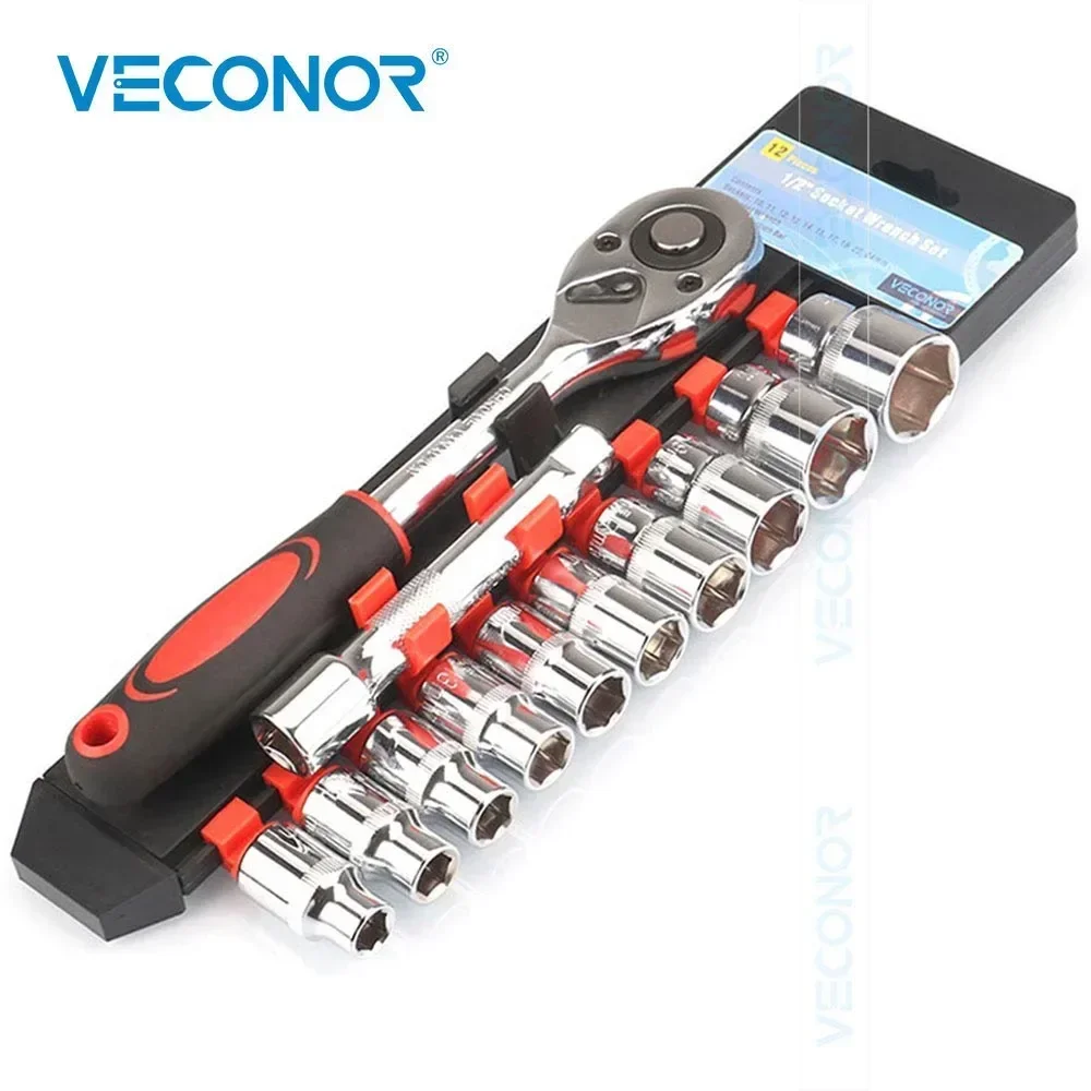 Socket Wrench Set 1/2 Inch Drive Rverse Head Rubber Handle Quick Release with Carrying Rack for Car Bicycle Repair