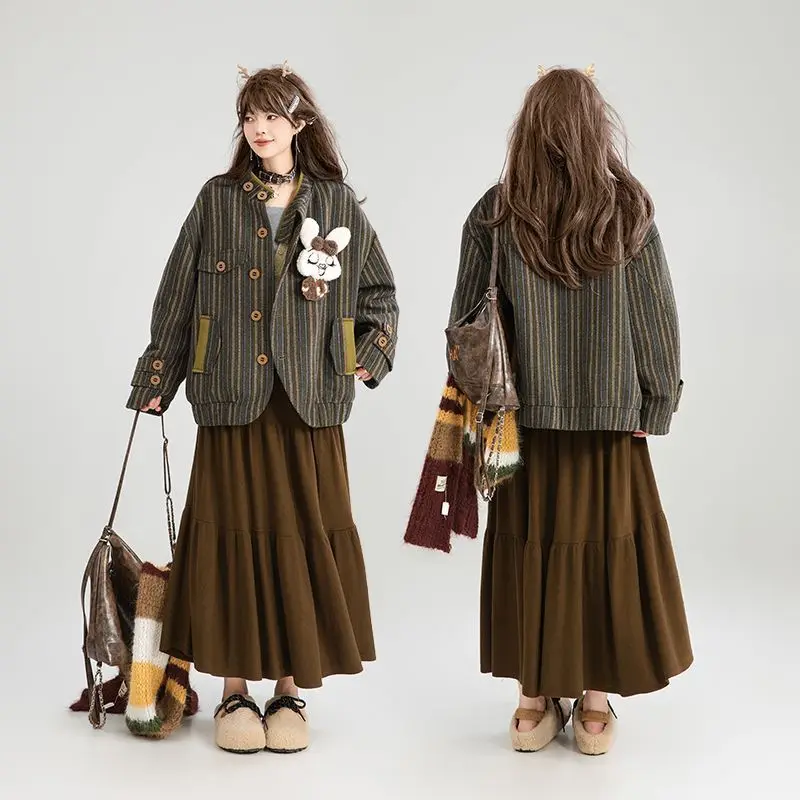 MINISO Retro Fashion Warm Jacket Cotton Jacket Autumn/Winter Design Sense Stand up Collar Striped Coat