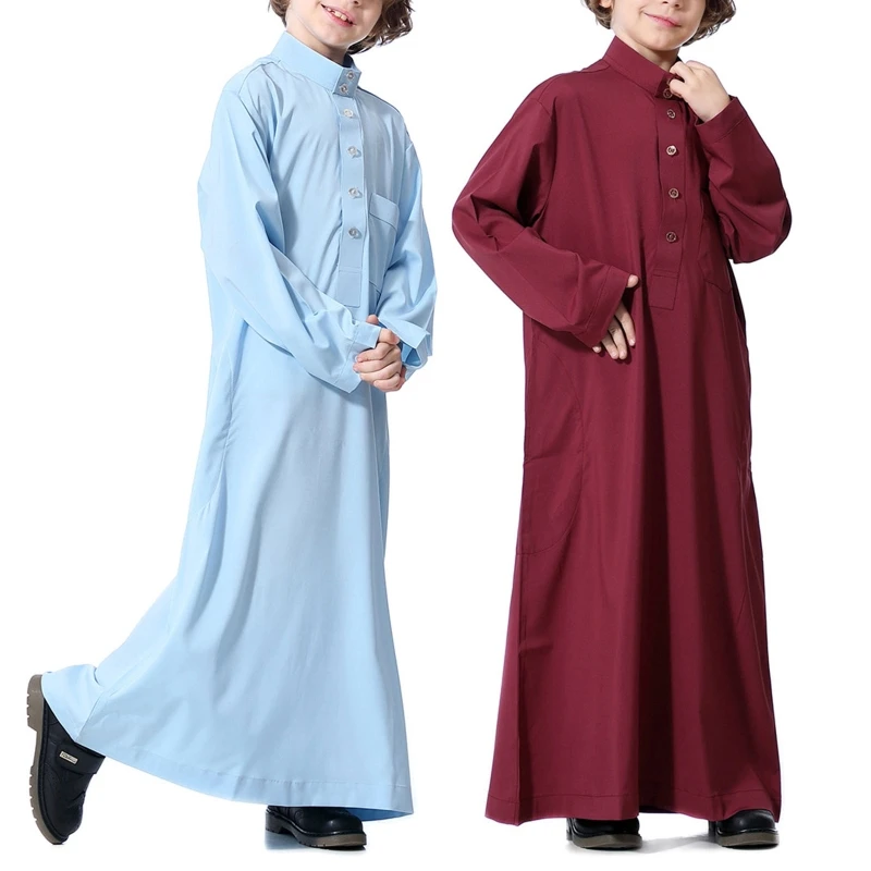 Teenagers Muslim Clothing Middle East Abaya Jubba Thobe Long Sleeves Stand Collar Muslim Kaftan Boy Robe Children Caftan