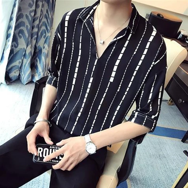 T-Shirts  Striped Elbow Sleeve Pullovers Simplicity Man Spring Summer Thin Handsome2023 Men\'s Clothing Turn-down Collar Casual