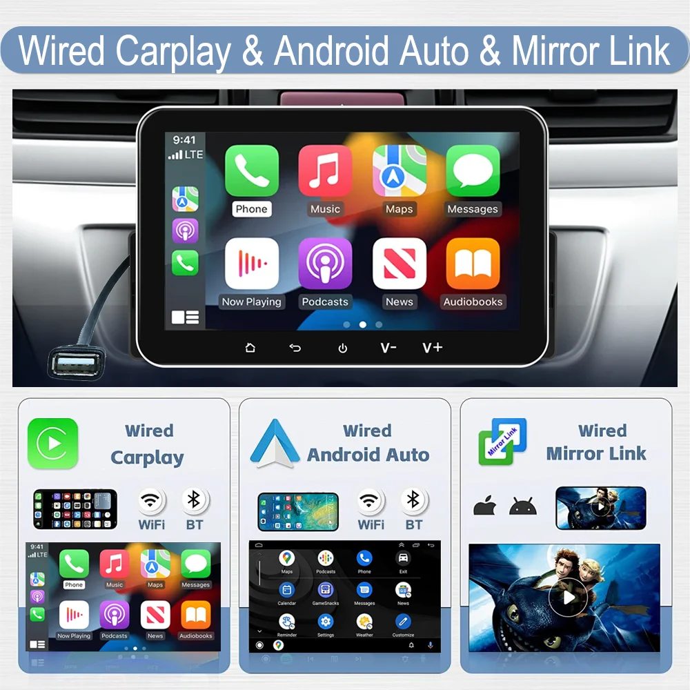 Car Stereo Wired Apple CarPlay Android Auto Single Din 7 Inch Touchscreen Bluetooth-Compatible, Benz Style MP5, FM Radio, No DVD