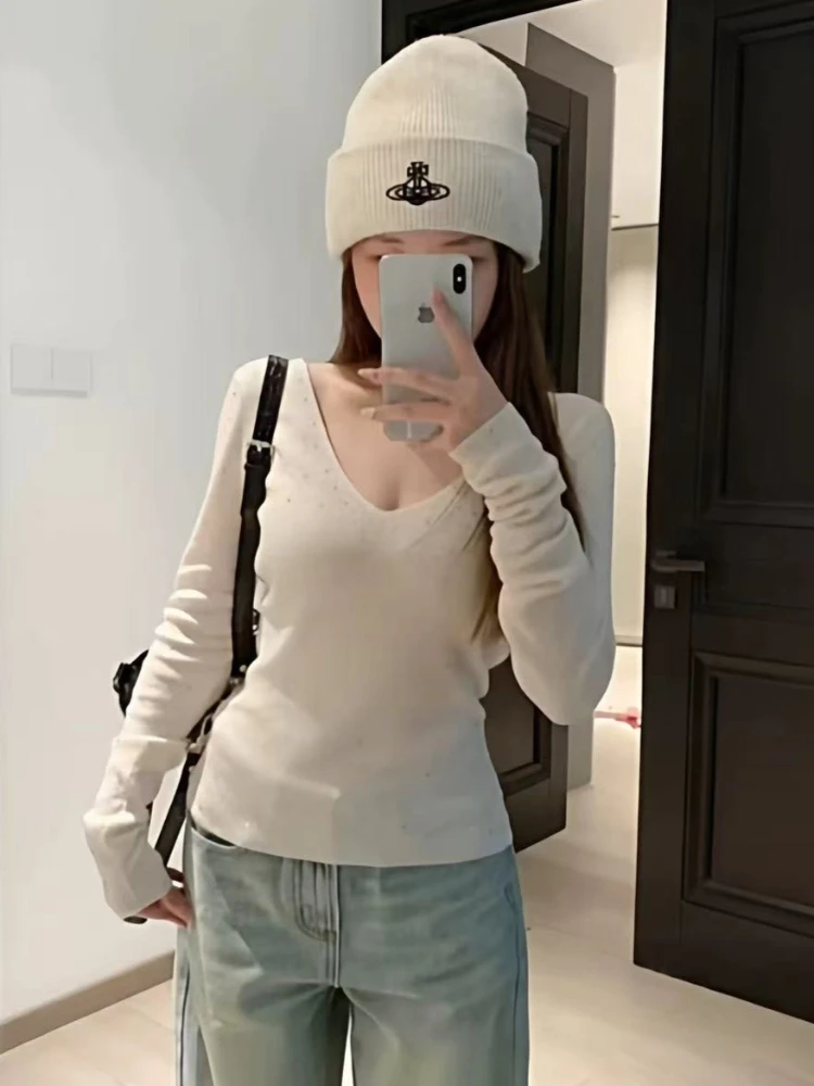 

2025 Y2k Rhinestone Sweaters Women Thick V Neck Knit Pullover Soft Korean Fashion Female Long Sleeve Sweaters Casual Ladies Tops