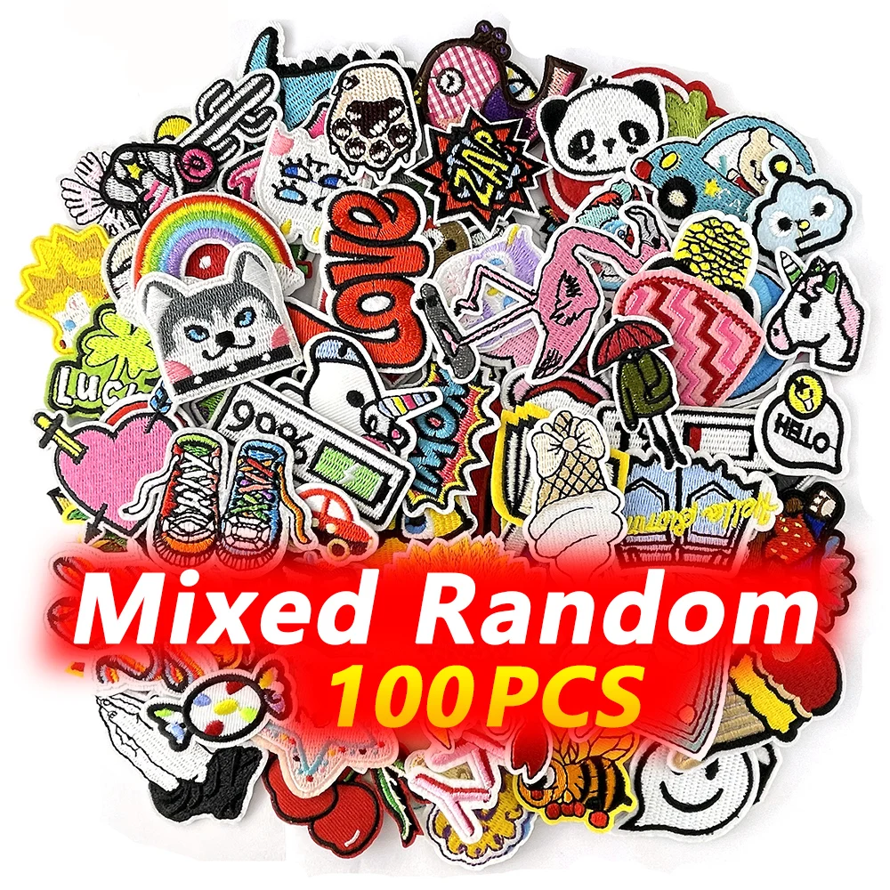 100Pcs Random Mix Iron on Patches for Clothing Decoration Embroidery Decorative Applique Supplies Fabric Patch DIY Cloth Sticker