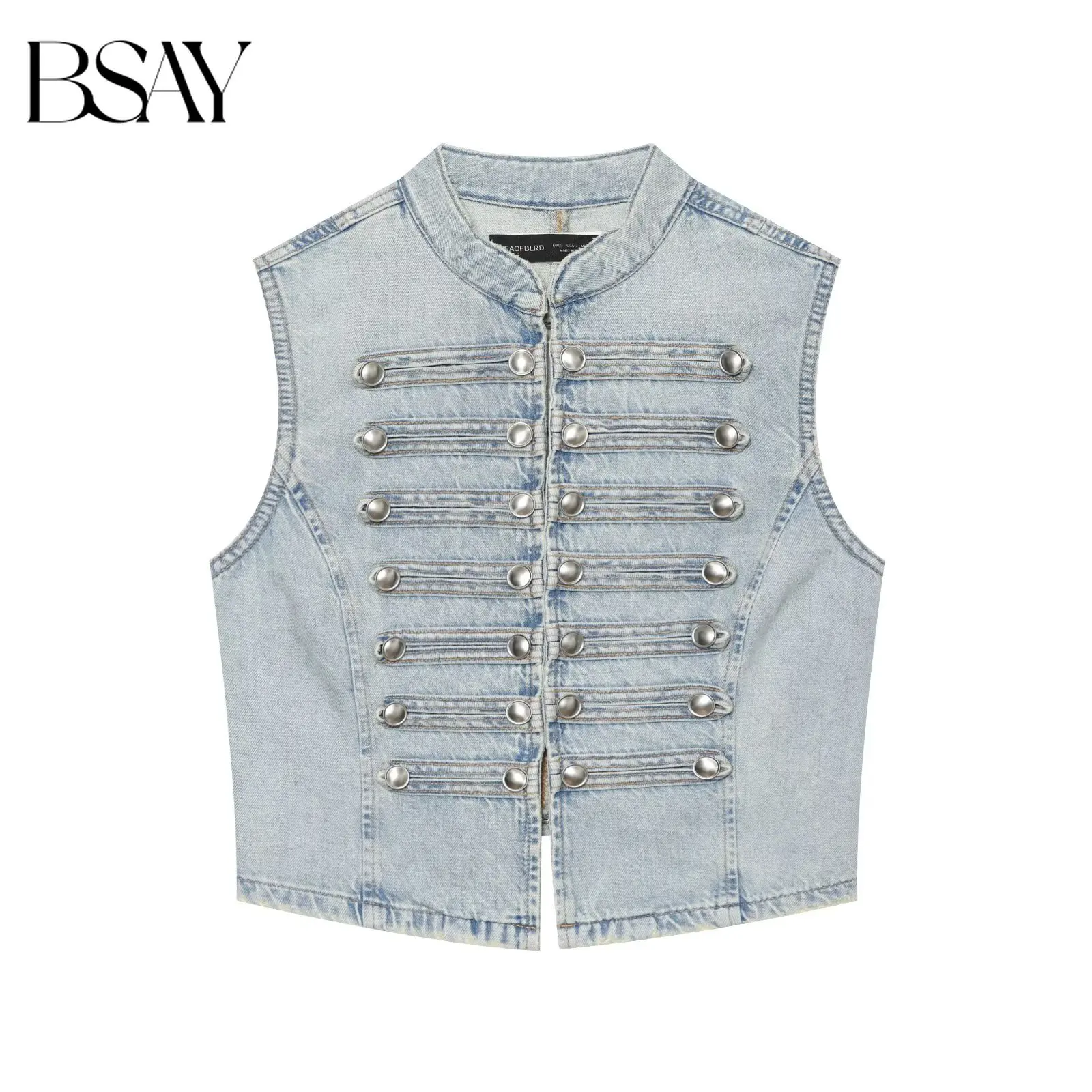BSAY 2026 Autumn New Women Stand Collar Sleeveless Cropped Denim Vest Military Style Multi‑Button Decor Jean Waistcoat Outerwear