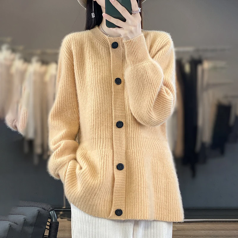 

Round neck Korean knitted cardigan made of 100% Australian Merino wool, loose and elegant, women's waist cinched cashmere jacke