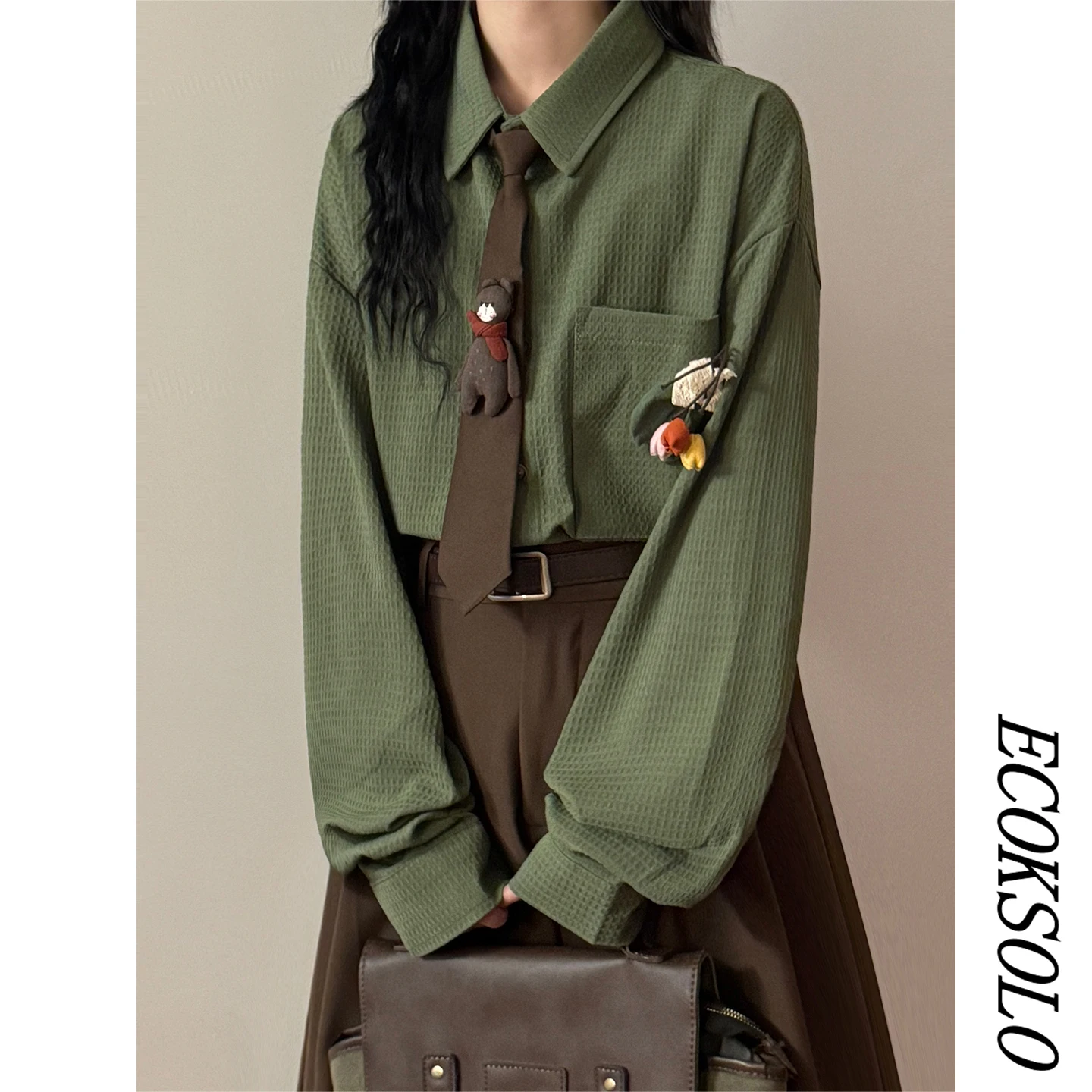 ECOKSOLO Retro Long Sleeve Patchwork Shirt Women's Green Small Size Versatile Top Button up Vintage Style Resistant to Deform...
