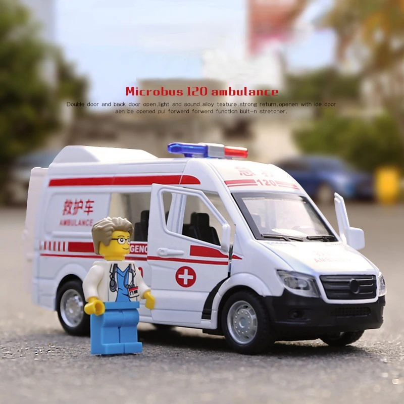 

1:32 Alloy Hospital Rescue Ambulance Police Metal Car Model Pull Back Sound Light Diecast Car For Children Boys Gifts Toys