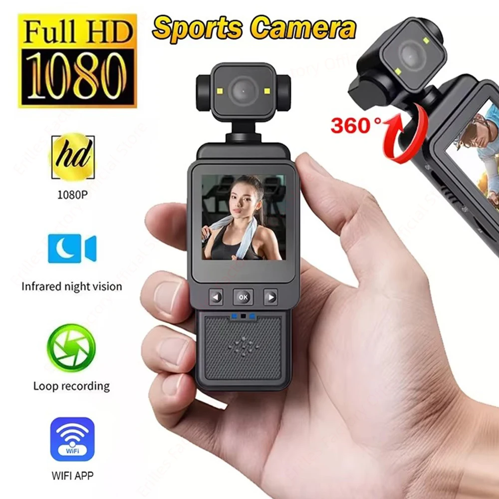 Mini Action Camera 2K Wifi Visione notturna a colori 180 ° Videoregistratore per conducente di bicicletta da viaggio con videocamera IP sportiva girevole